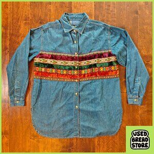 Vintage L Womens 100% Cotton Denim Willow Ridge Tunic Shirt Tapestry Velvet